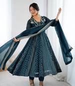 Trendy  silk embroidery and sequence work teal blue readymade salwar suit