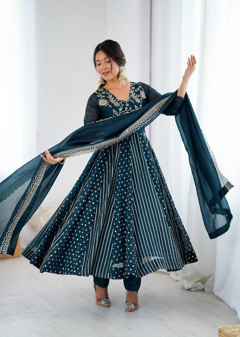 Trendy  silk embroidery and sequence work teal blue readymade salwar suit