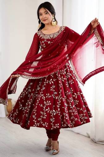 Desinger faux  georgette embroidery and sequence work maroon readymade salwar suit