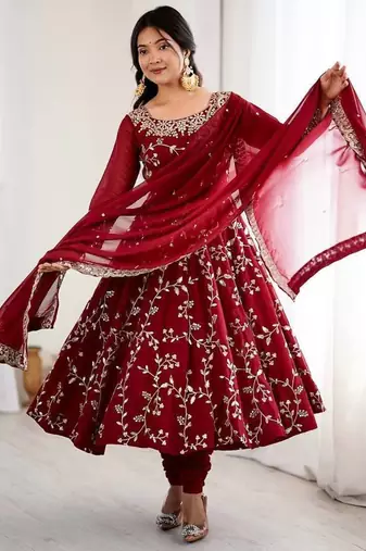 Desinger faux  georgette embroidery and sequence work maroon readymade salwar suit