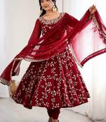 Desinger faux  georgette embroidery and sequence work maroon readymade salwar suit