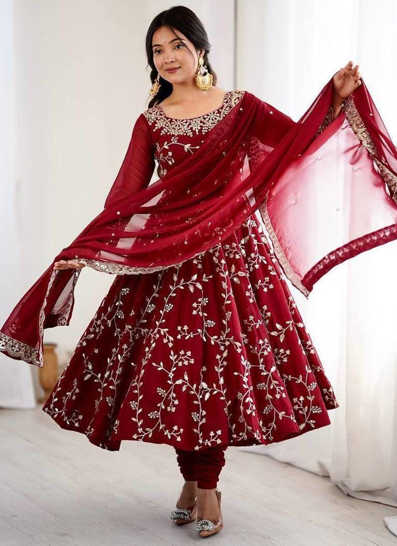 Desinger faux  georgette embroidery and sequence work maroon readymade salwar suit