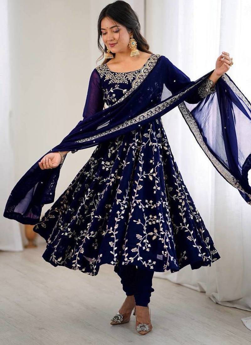 Desinger faux  georgette embroidery and sequence work navy blue readymade salwar suit