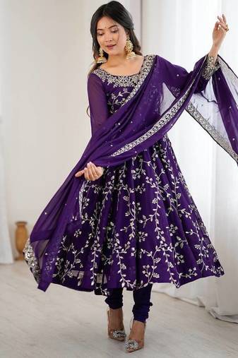 Desinger faux  georgette embroidery and sequence work purple readymade salwar suit