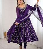 Desinger faux  georgette embroidery and sequence work purple readymade salwar suit