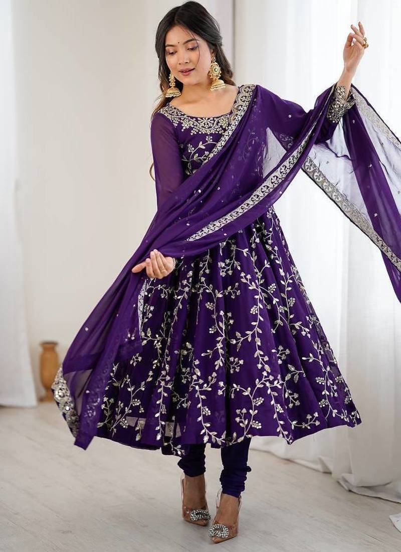 Desinger faux  georgette embroidery and sequence work purple readymade salwar suit