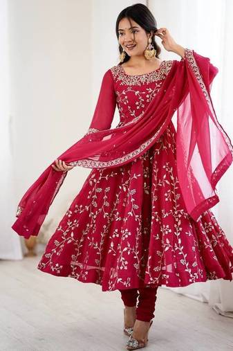 Desinger faux  georgette embroidery and sequence work rani pink readymade salwar suit