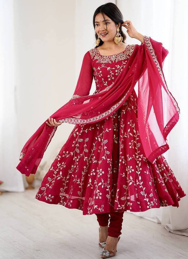 Desinger faux  georgette embroidery and sequence work rani pink readymade salwar suit