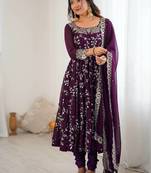Desinger faux  georgette embroidery and sequence work wine readymade salwar suit