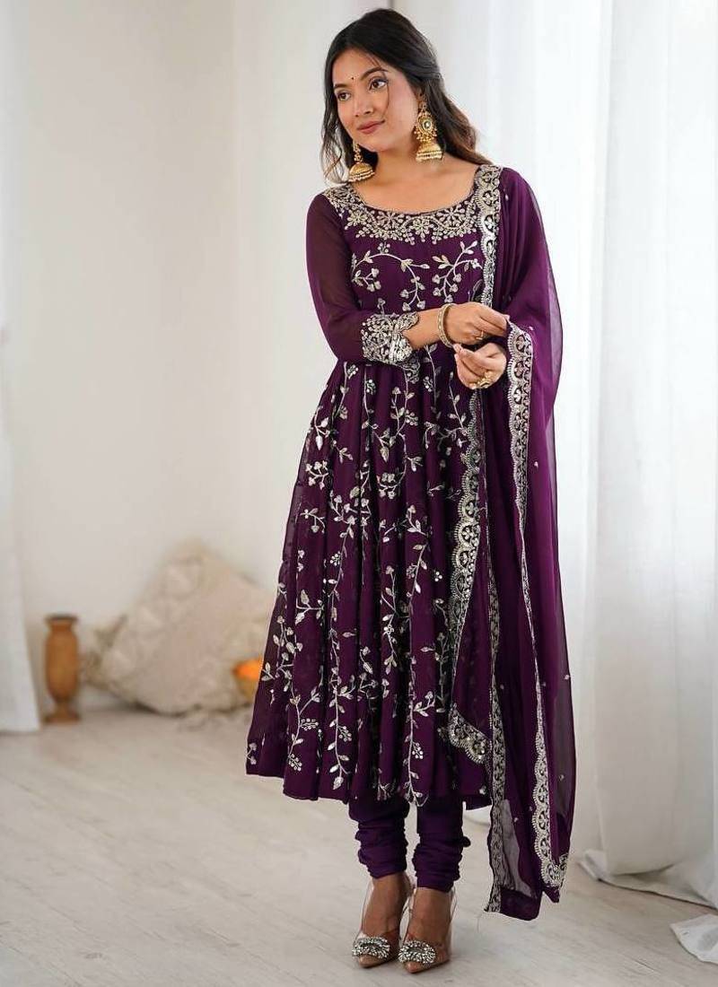 Desinger faux  georgette embroidery and sequence work wine readymade salwar suit