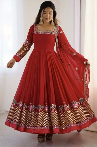 Heavy faux georgette embroidery work red readymade gown