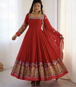 Heavy faux georgette embroidery work red readymade gown