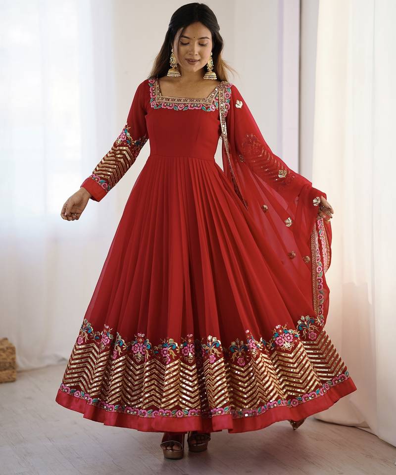 Heavy faux georgette embroidery work red readymade gown