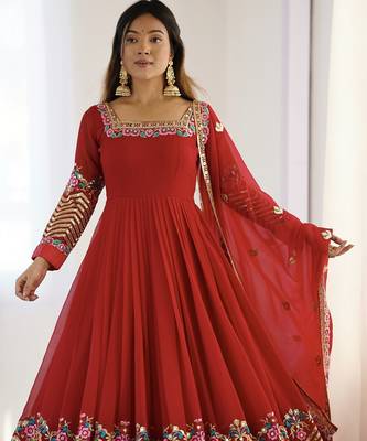 Heavy faux georgette embroidery work red readymade gown 2