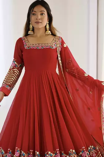 Heavy faux georgette embroidery work red readymade gown