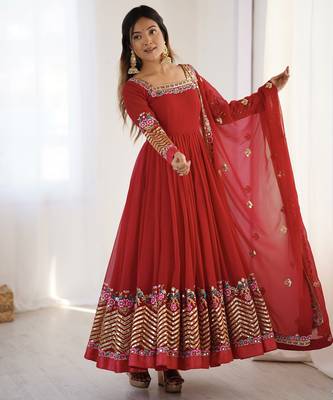 Heavy faux georgette embroidery work red readymade gown 3