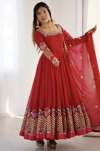 Heavy faux georgette embroidery work red readymade gown