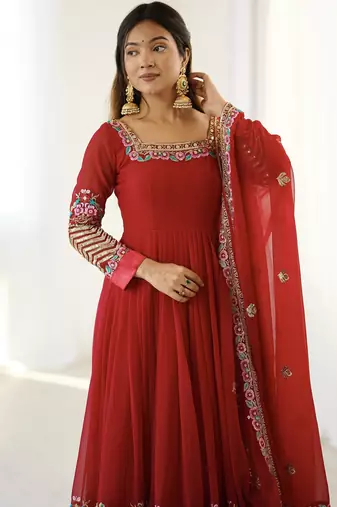 Heavy faux georgette embroidery work red readymade gown