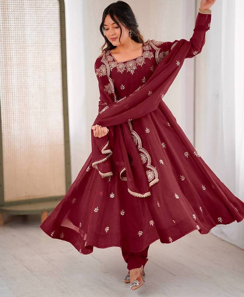 Heavy silk embroidery work maroon readymade gown