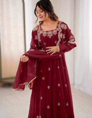 Heavy silk embroidery work maroon readymade gown 3