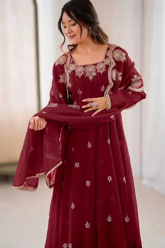 Heavy silk embroidery work maroon readymade gown