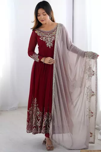 Trendy heavy georgette embroidery work maroon readymade gown