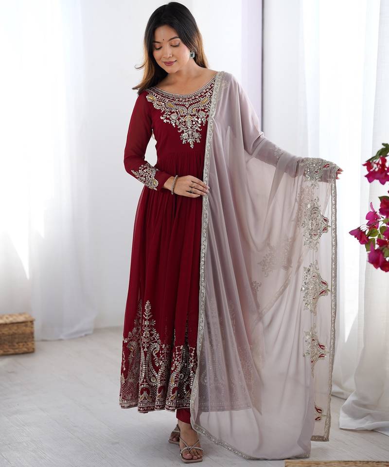 Trendy heavy georgette embroidery work maroon readymade gown