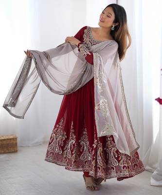 Trendy heavy georgette embroidery work maroon readymade gown 3