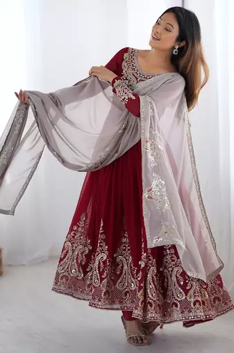 Trendy heavy georgette embroidery work maroon readymade gown