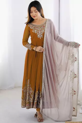 Trendy heavy georgette embroidery work mustard readymade gown