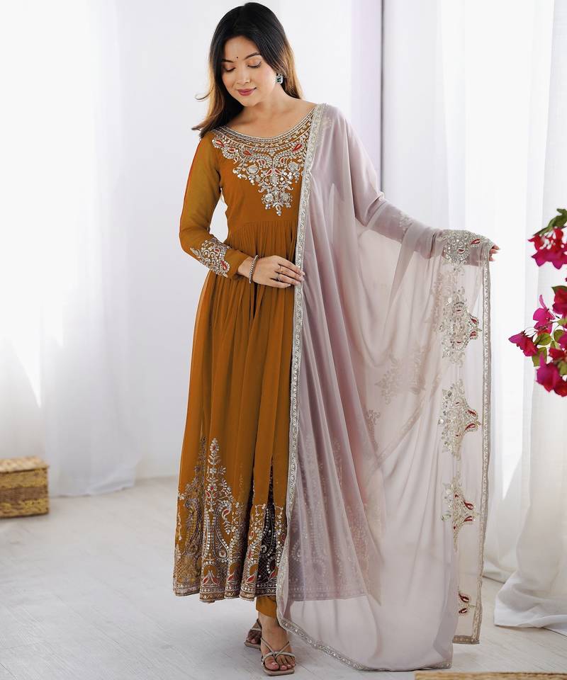 Trendy heavy georgette embroidery work mustard readymade gown