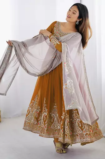 Trendy heavy georgette embroidery work mustard readymade gown