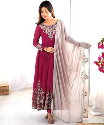 Trendy heavy georgette embroidery work rani-pink readymade gown 1