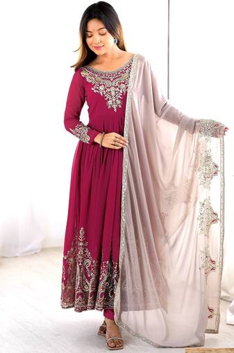 Trendy heavy georgette embroidery work rani-pink readymade gown