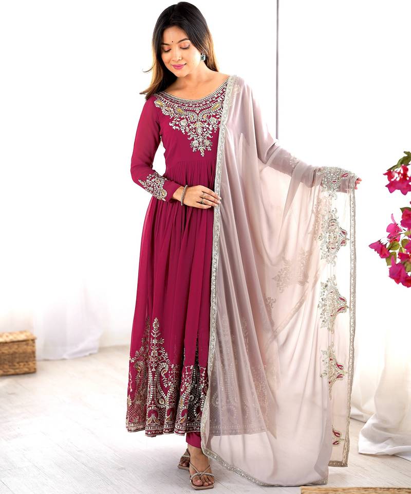 Trendy heavy georgette embroidery work rani-pink readymade gown