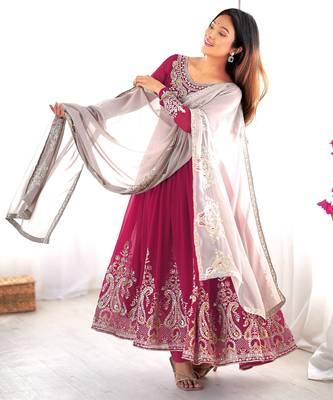 Trendy heavy georgette embroidery work rani-pink readymade gown 2
