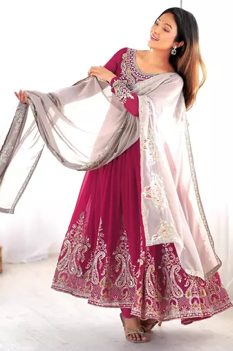 Trendy heavy georgette embroidery work rani-pink readymade gown