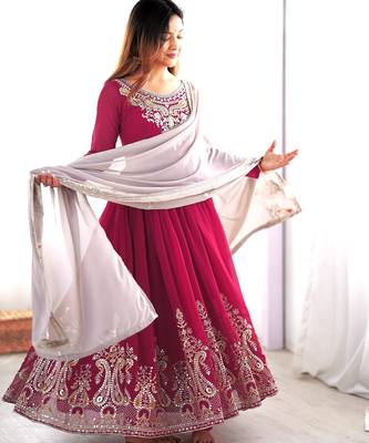 Trendy heavy georgette embroidery work rani-pink readymade gown 3