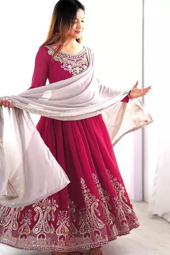 Trendy heavy georgette embroidery work rani-pink readymade gown