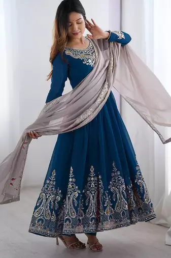 Trendy heavy georgette embroidery work teal-blue readymade gown