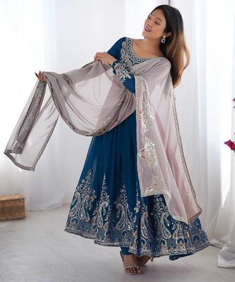 Trendy heavy georgette embroidery work teal-blue readymade gown 3
