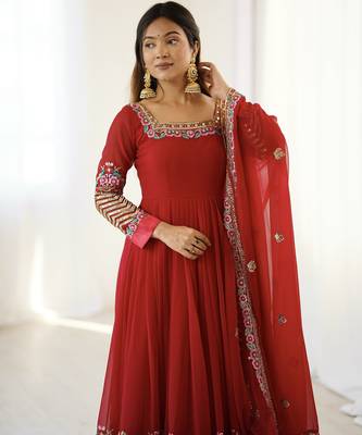 Trendy heavy georgette embroidery work teal-blue readymade gown 4