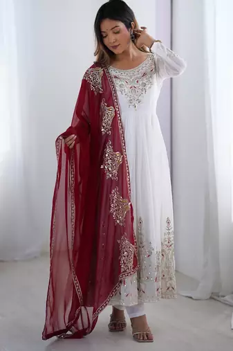 Trendy heavy georgette embroidery work white readymade gown