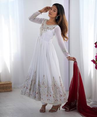 Trendy heavy georgette embroidery work white readymade gown 2