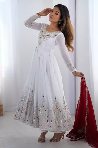 Trendy heavy georgette embroidery work white readymade gown