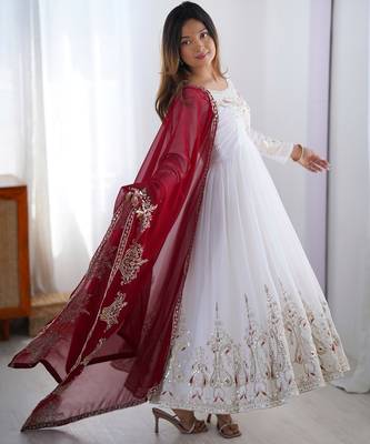 Trendy heavy georgette embroidery work white readymade gown 3