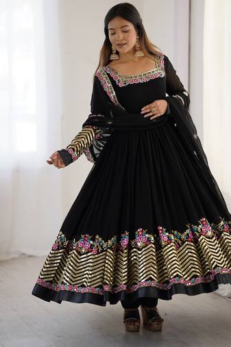 Heavy faux georgette embroidery work black readymade gown