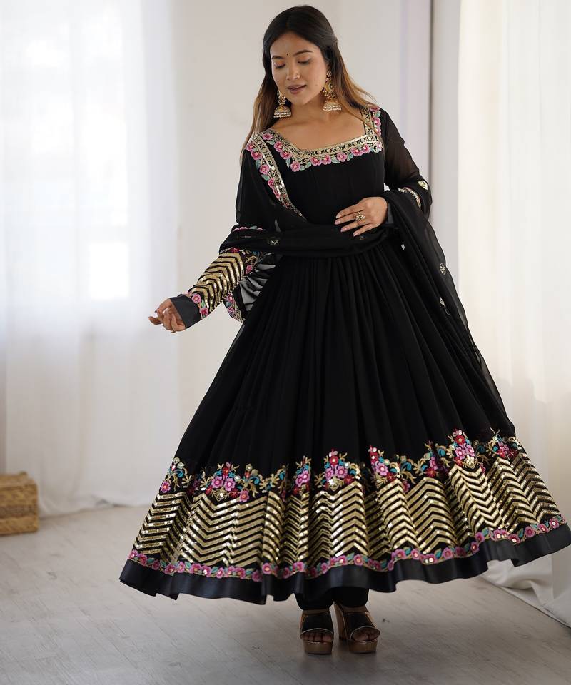 Heavy faux georgette embroidery work black readymade gown