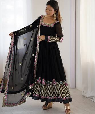 Heavy faux georgette embroidery work black readymade gown 3
