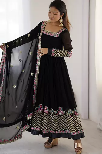 Heavy faux georgette embroidery work black readymade gown